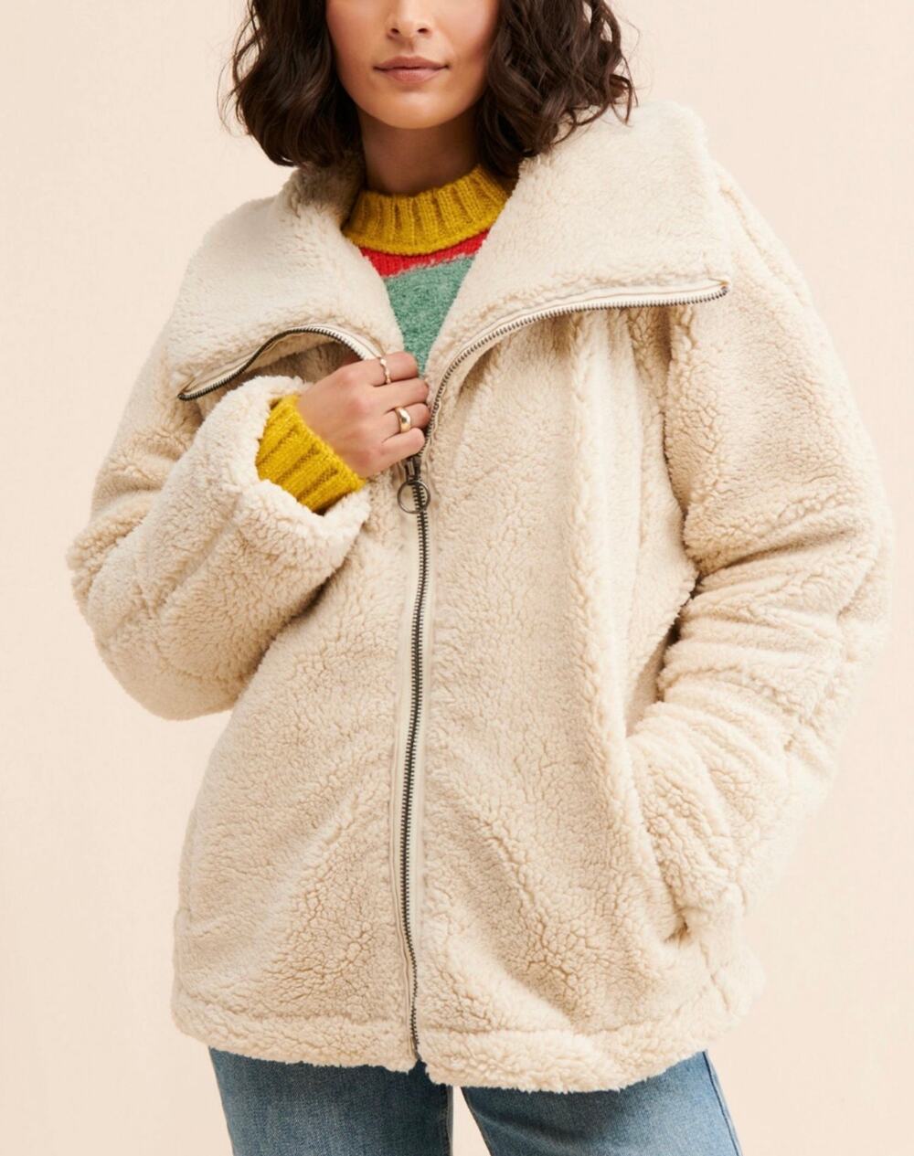 FREE PEOPLE Raya Cozy Sherpa Full Zip Jacket Coat Cream Small S